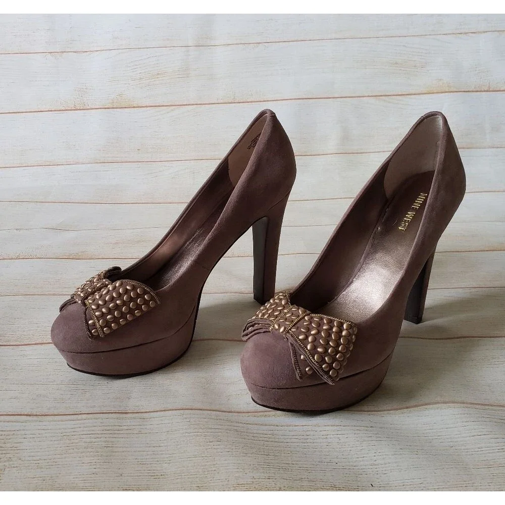 Nine West Memorie Suede Leather Round Toe Bow Platform Heels Pink Size 7 1/2M